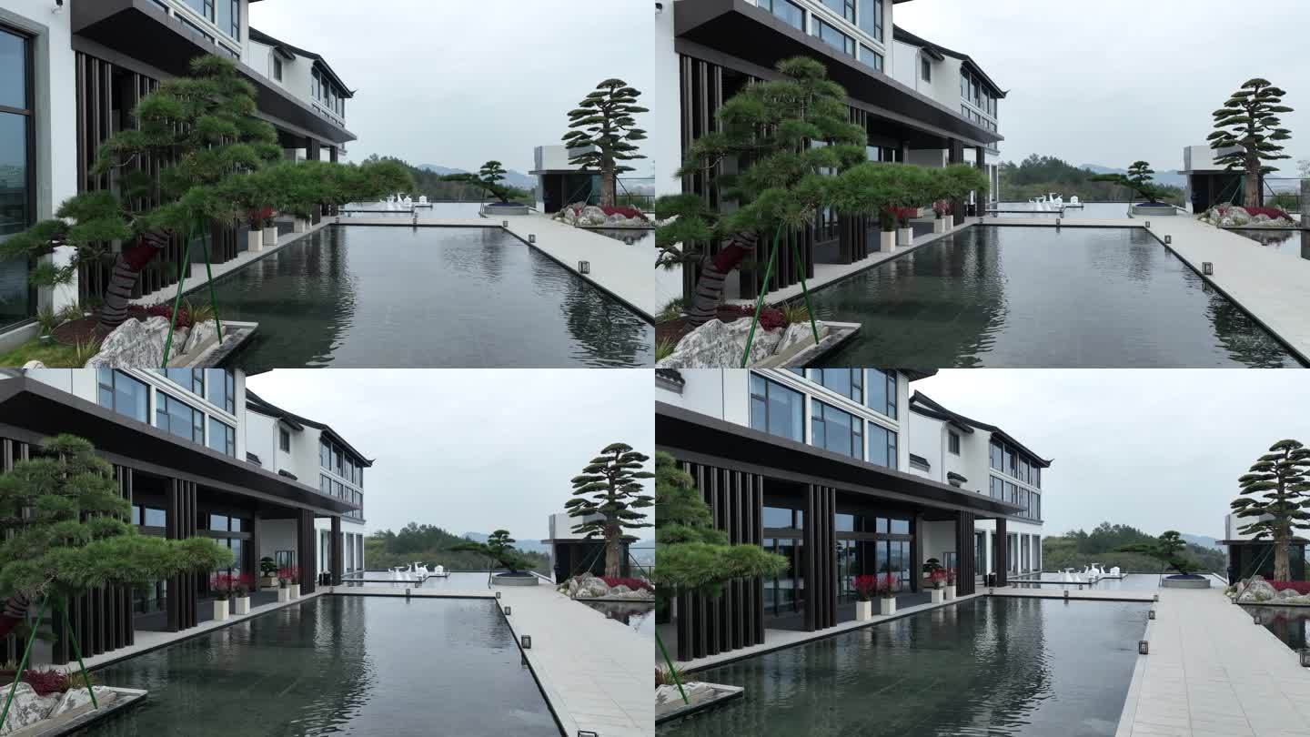 现代中式建筑别墅酒店民宿园林水系罗汉松