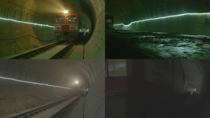 地铁建设隧道工程车列车开过隧道行驶