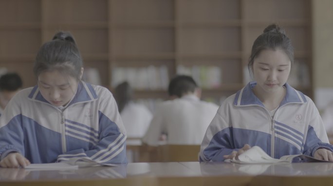 【4K灰度】中学女生图书馆自习看书