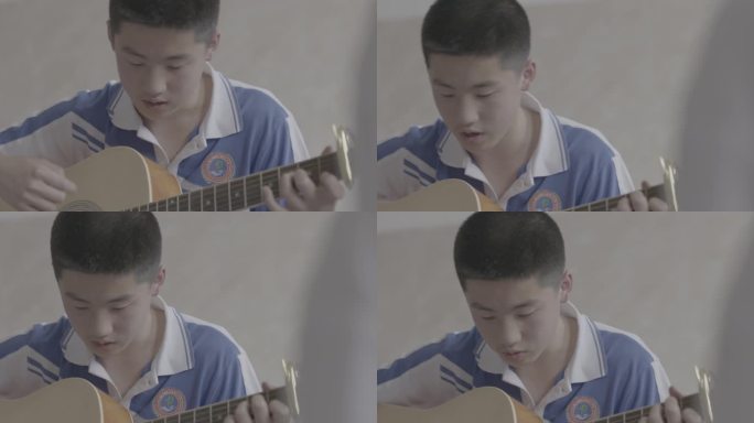 【4K灰度】高中男生学吉他中学生弹吉他
