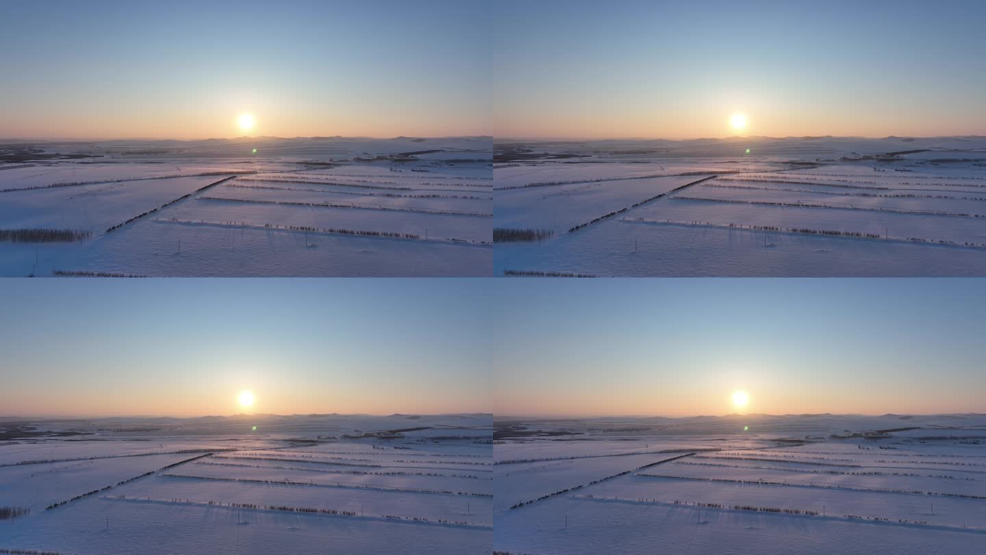 航拍呼伦贝尔冬季雪原夕阳