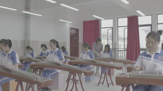 【4K灰度】高中女生学古筝中学古筝课