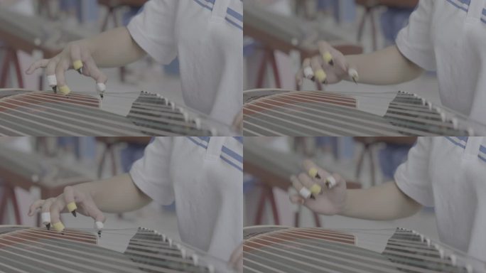 【4K灰度】古筝指法练习特写女子弹古筝