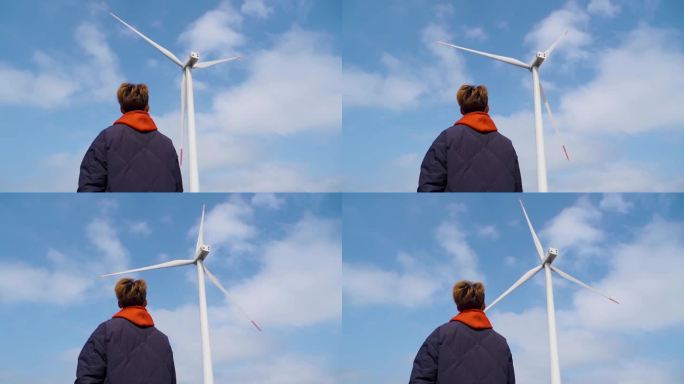 抬头仰望发风车思考未来意境概念视频新能源