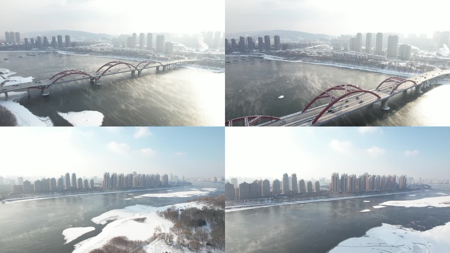 吉林市冬季江边航拍