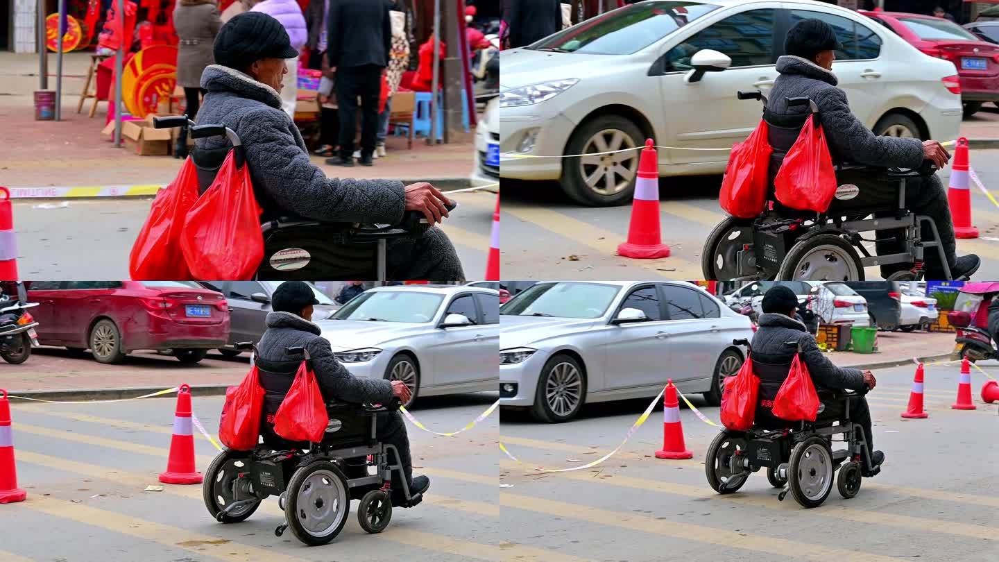 坐电动轮椅的老爷爷穿梭在街上