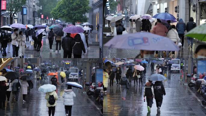 城市步行街逛街打伞的人群
