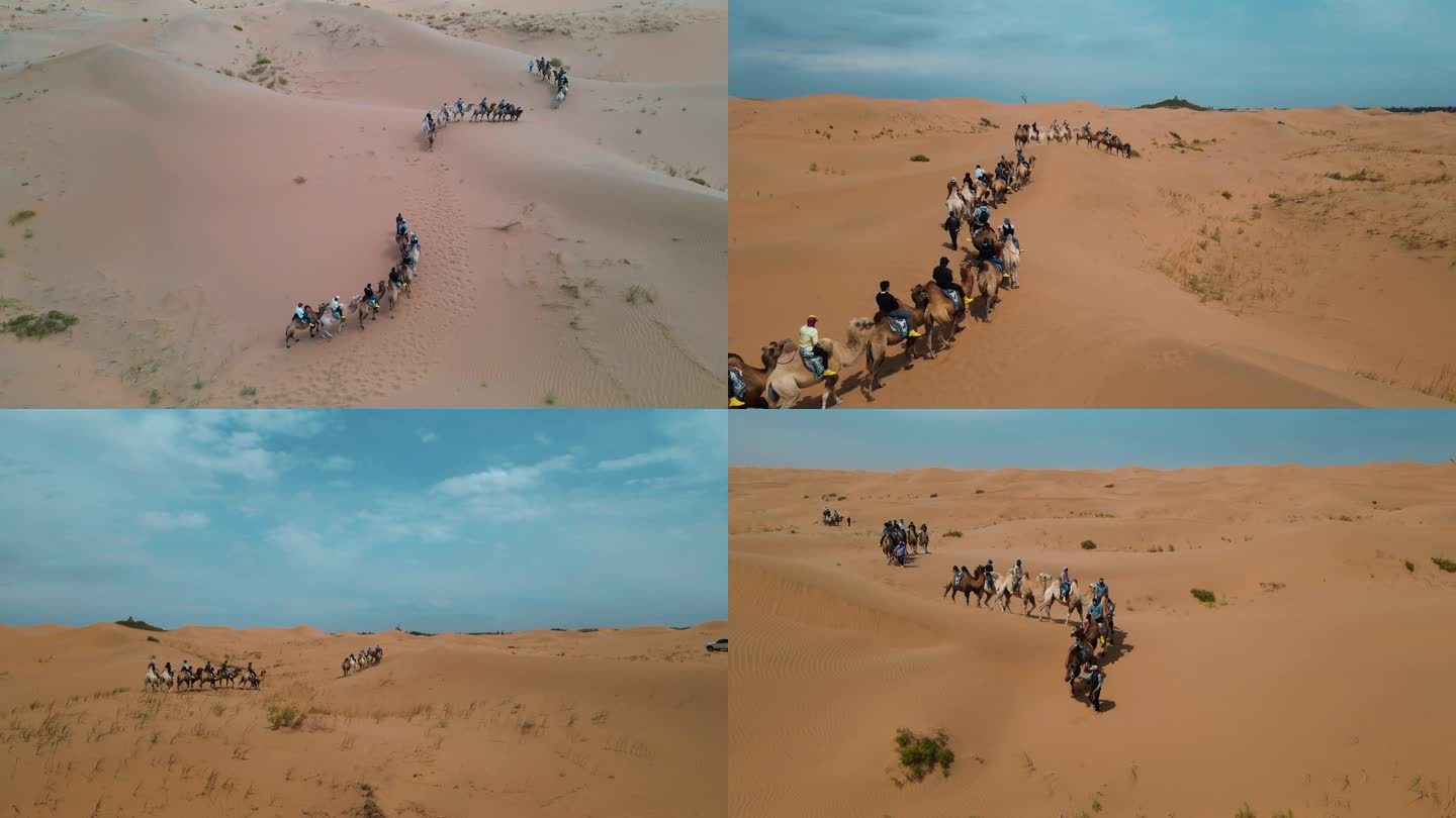 航拍腾格里沙漠骑骆驼4K素材