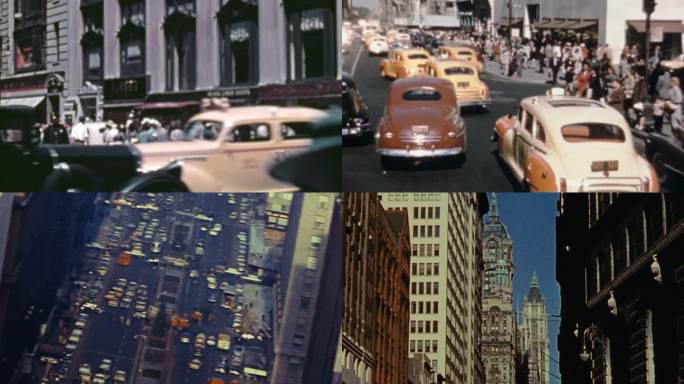 40年代美国纽约城市高楼大厦建筑行人街景