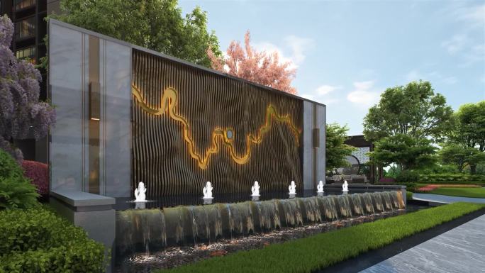 新中式园林水景墙动画素材