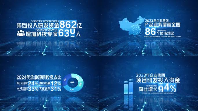 （无插件）蓝色科技企业数据柱状图AE模板