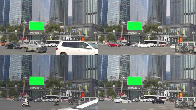 4k城市十字路口户外广告牌LED大屏绿幕
