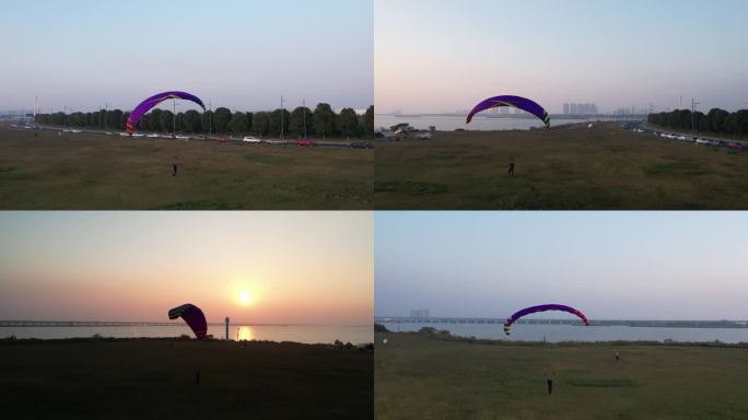 湖边的滑翔伞航拍