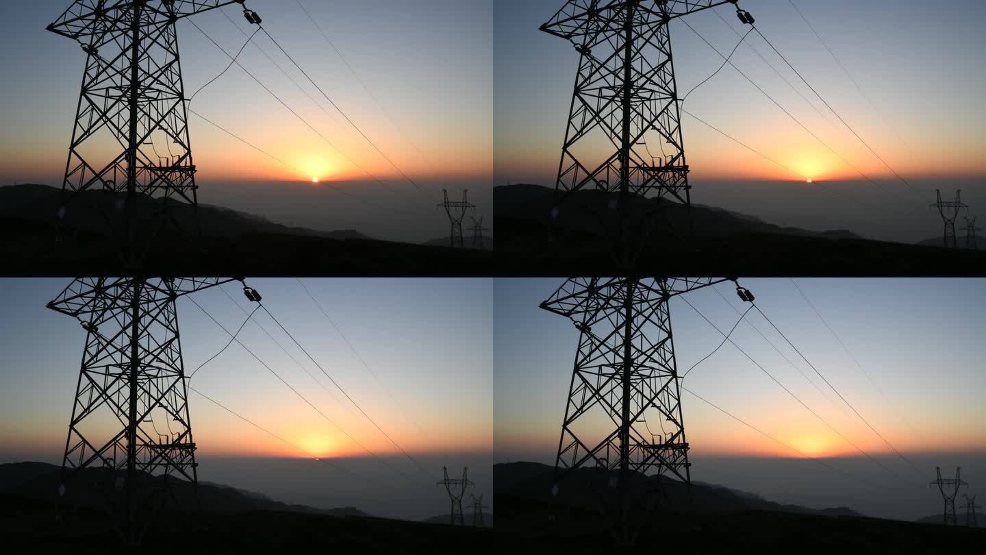 高原山顶的电塔日落风景延时摄影