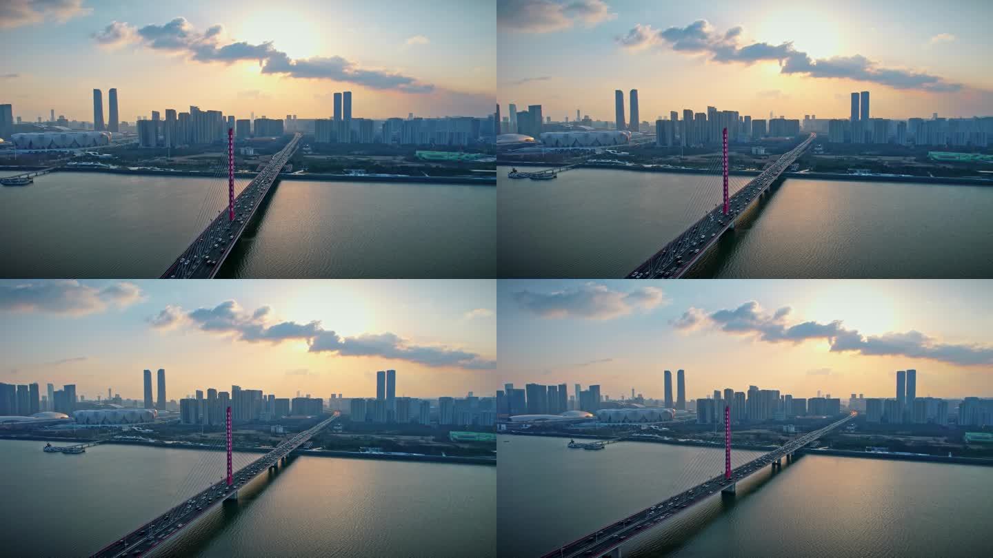 航拍杭州钱江三桥 西兴大桥 奥体中心