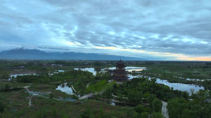 耶稣光渼陂湖春夏湖面秦岭古塔楼阁希区柯克