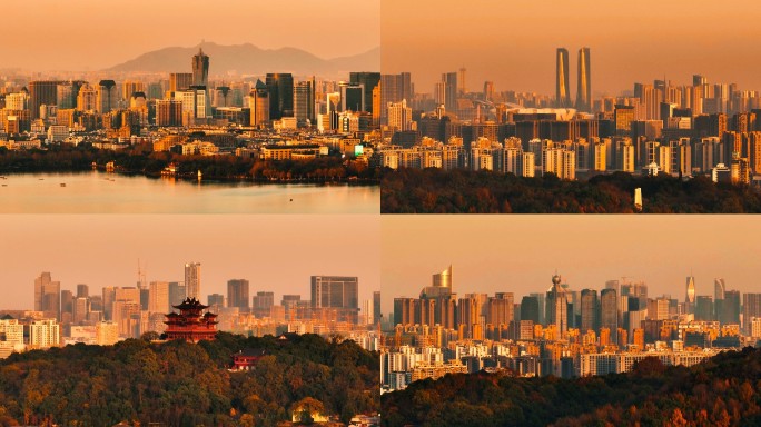 杭州西湖城市日落高级感长焦航拍