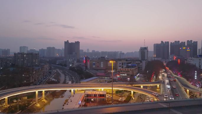 郑州大石桥高架桥夕阳航拍夜景4k