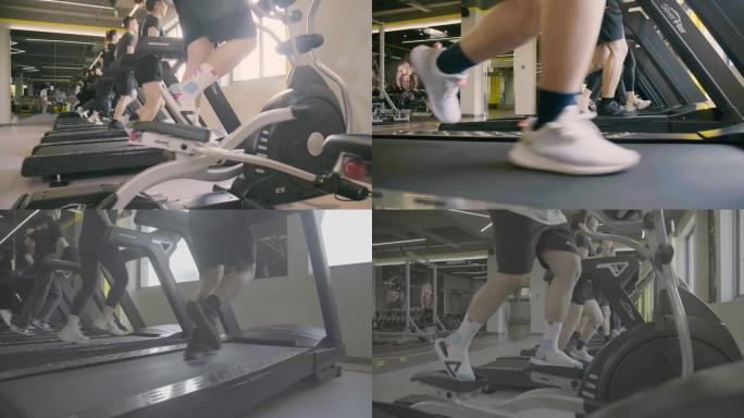 健身房跑步机一群人跑步脚步运动有氧锻炼