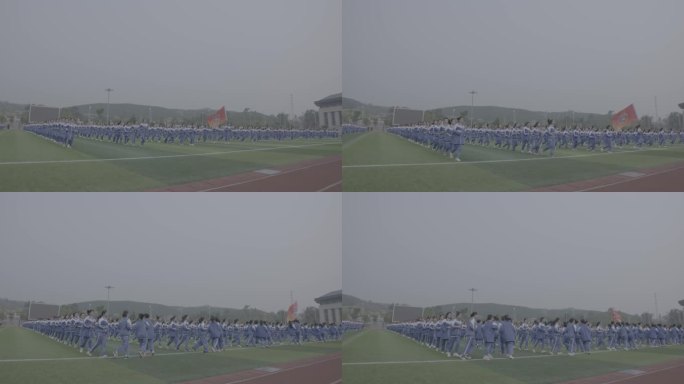 【4K灰度】中学生运动场跑早操