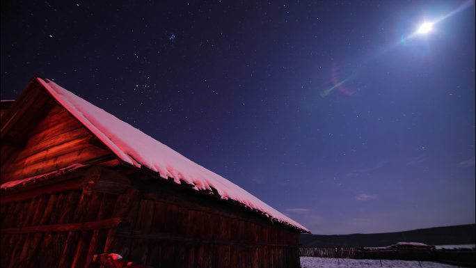 雪乡星空唯美延时、东北漠河、星星月亮移动