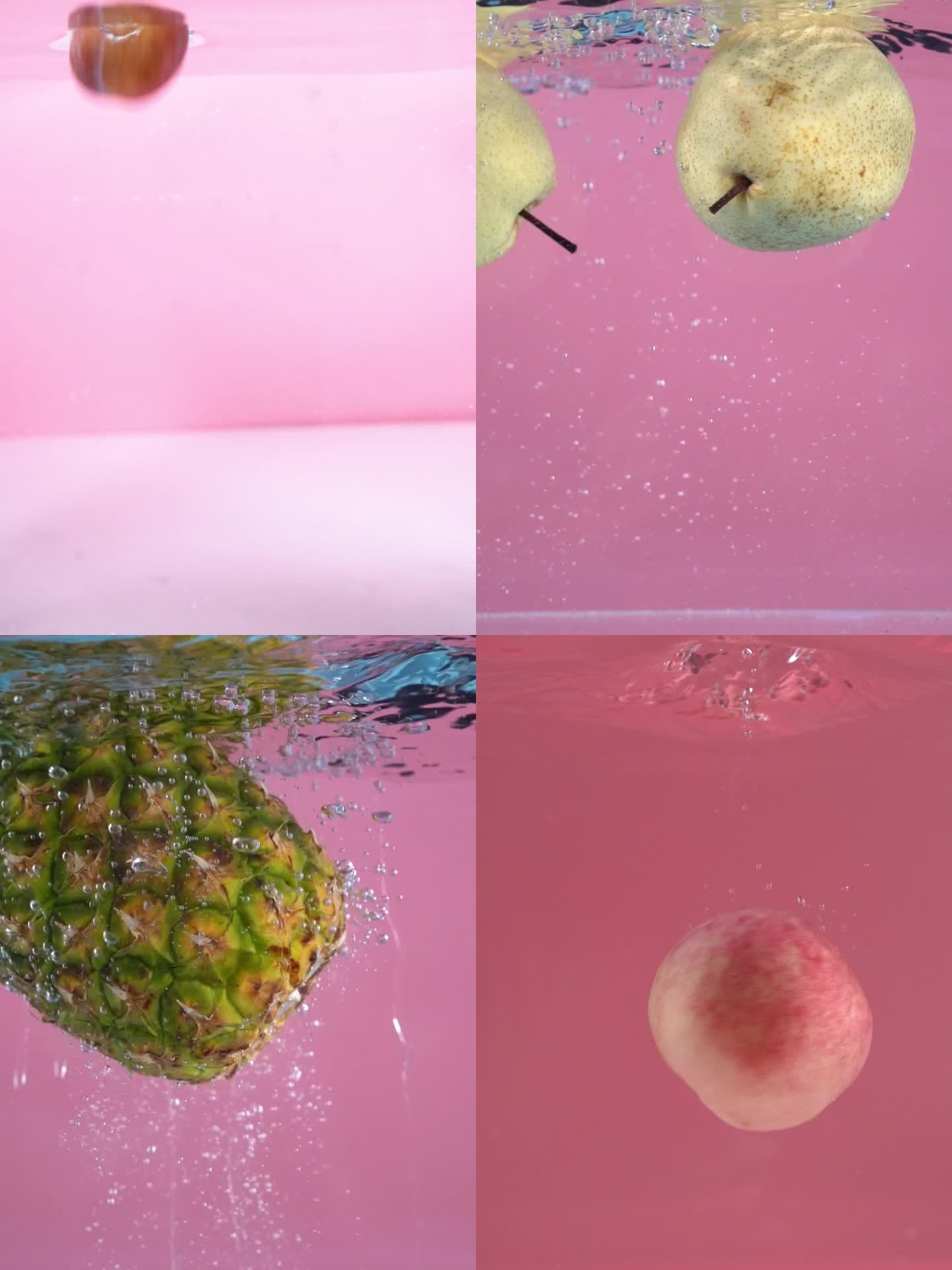 各种水果入水拍摄，粉色背景
