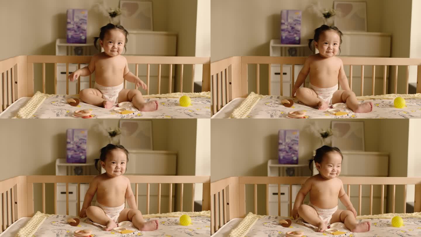 可爱的宝宝坐在婴儿床上向大家挥手高帧素材