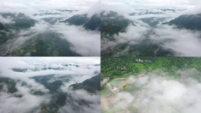 鄂西山区北纬30度雨后山村薄雾唯美航拍