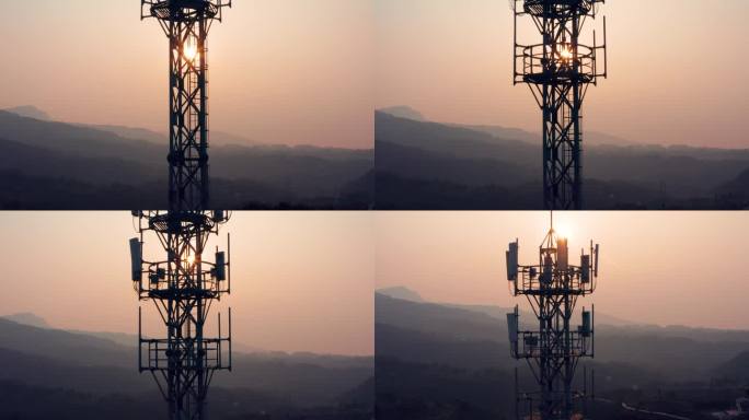 航拍夕阳下的通讯塔