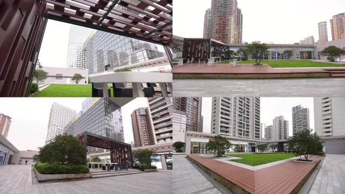 深圳前海城市现代化凉亭植被树木休息区草坪
