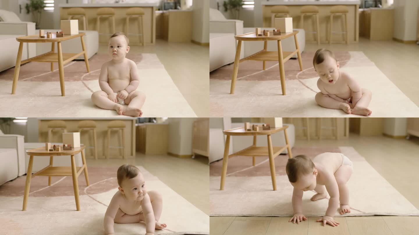 可爱的宝宝坐在地毯上站起身向前走特写