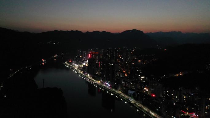 湖北长阳县夜景航拍鸣凤塔夜景土家族 县城