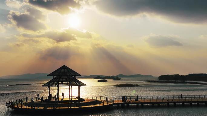 4K 航拍 苏州 太湖 夕阳 落日 人文