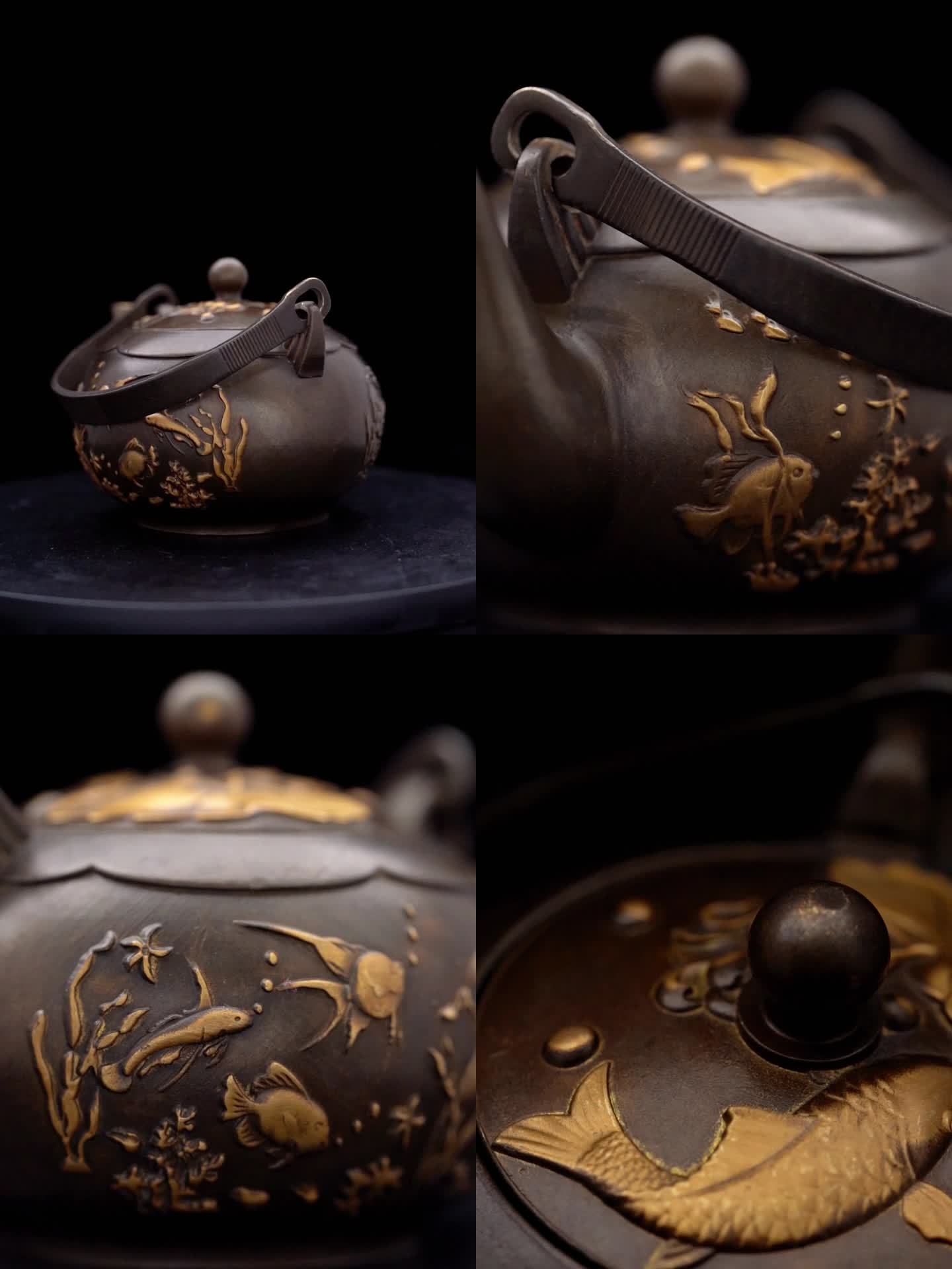 茶壶金色雕刻工艺品喝茶黑色背景特写鱼雕刻
