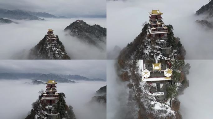 西安南五台雾天雪景航拍