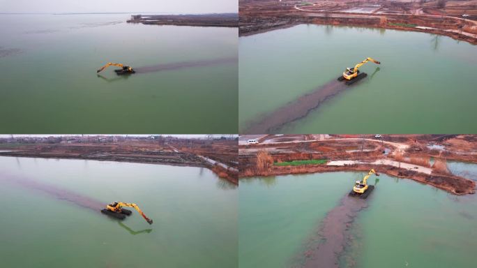 湖北孝感汉川挖掘机在水中行驶