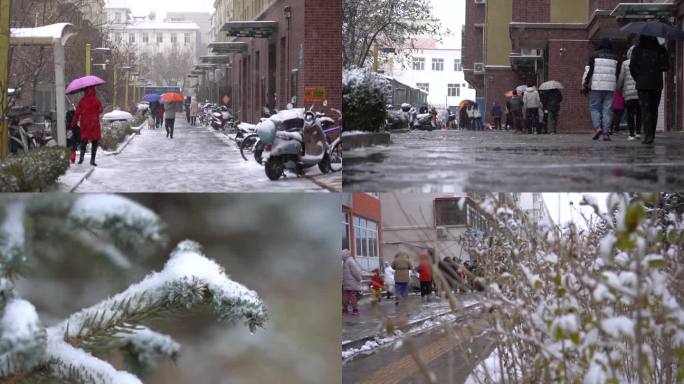 下雪了人们出行困难雪花雪地