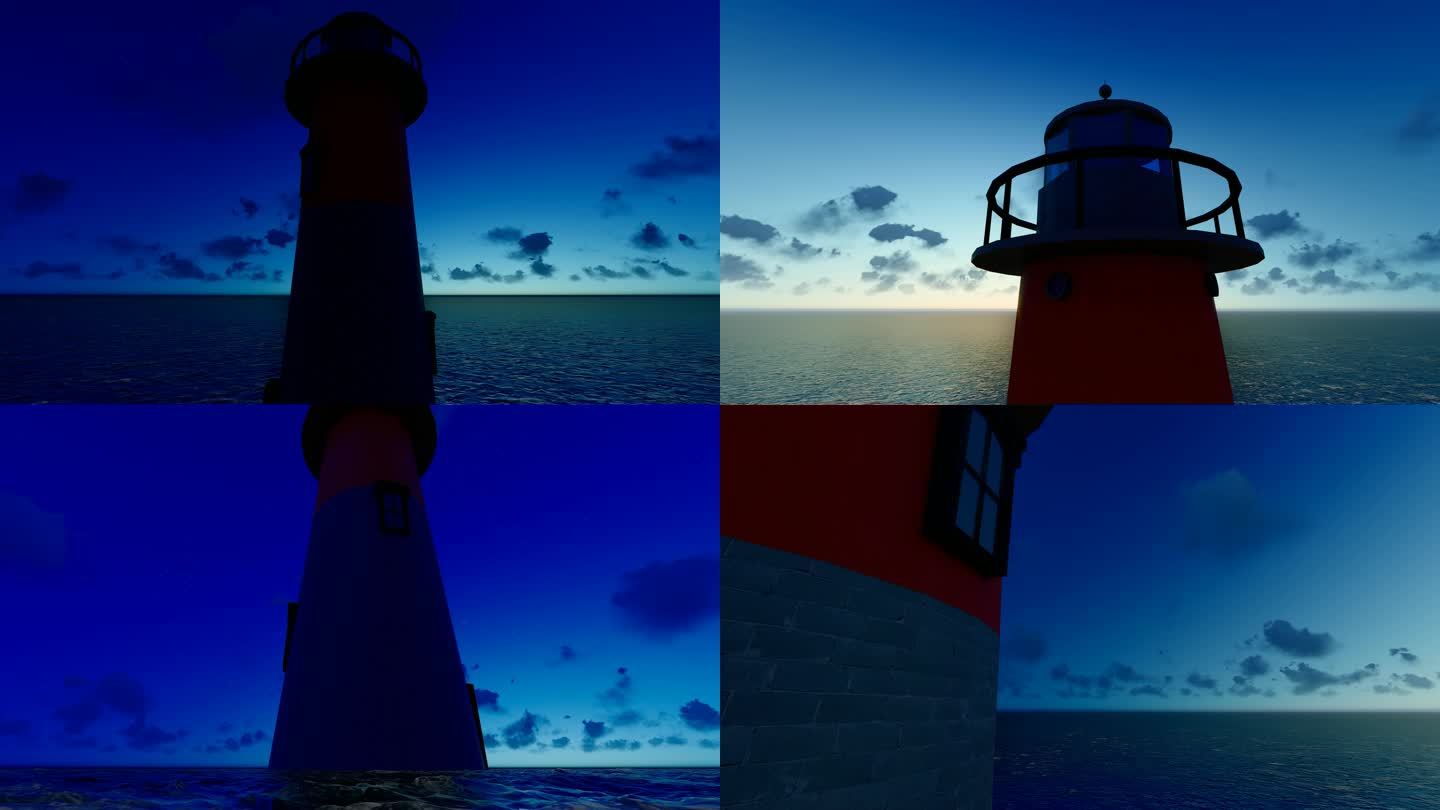 早晨日出海上灯塔延时摄影