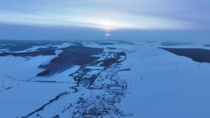 航拍内蒙古雪原版画雪村南波河