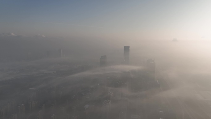 西安高新区日出时朦胧雾景航拍 4K