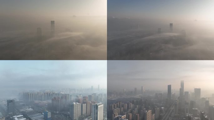 西安高新区日出时朦胧雾景航拍 4K