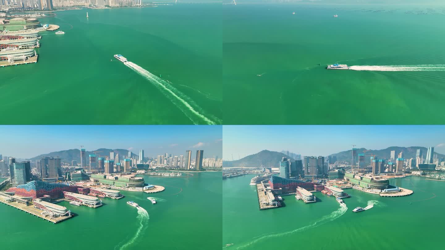 深圳招商蛇口轮渡码头双体船航拍4K