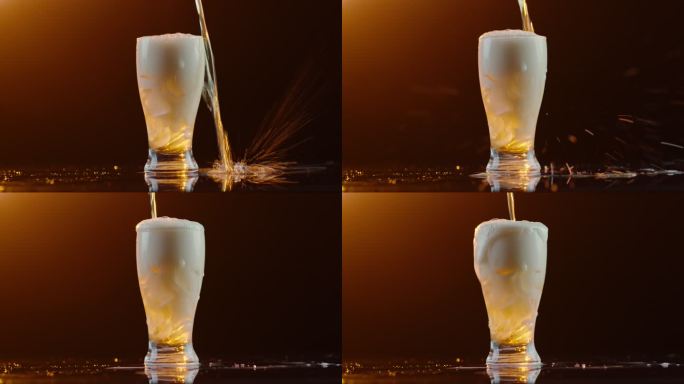 杯中倒入啤酒冒出丰富的泡沫