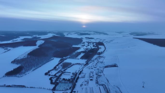 航拍内蒙古雪原版画雪村南波河