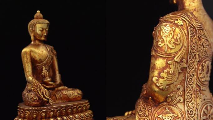 佛像铜摆件工艺品金色如来佛像打坐黑色背景