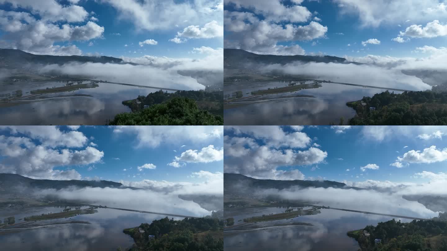 云雾缭绕下的曲靖念湖