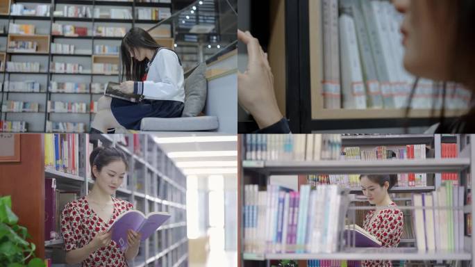 【4K】图书馆看书的美女氛围两组