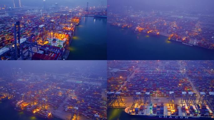 繁忙的集装箱海运港口码头夜景航拍4K