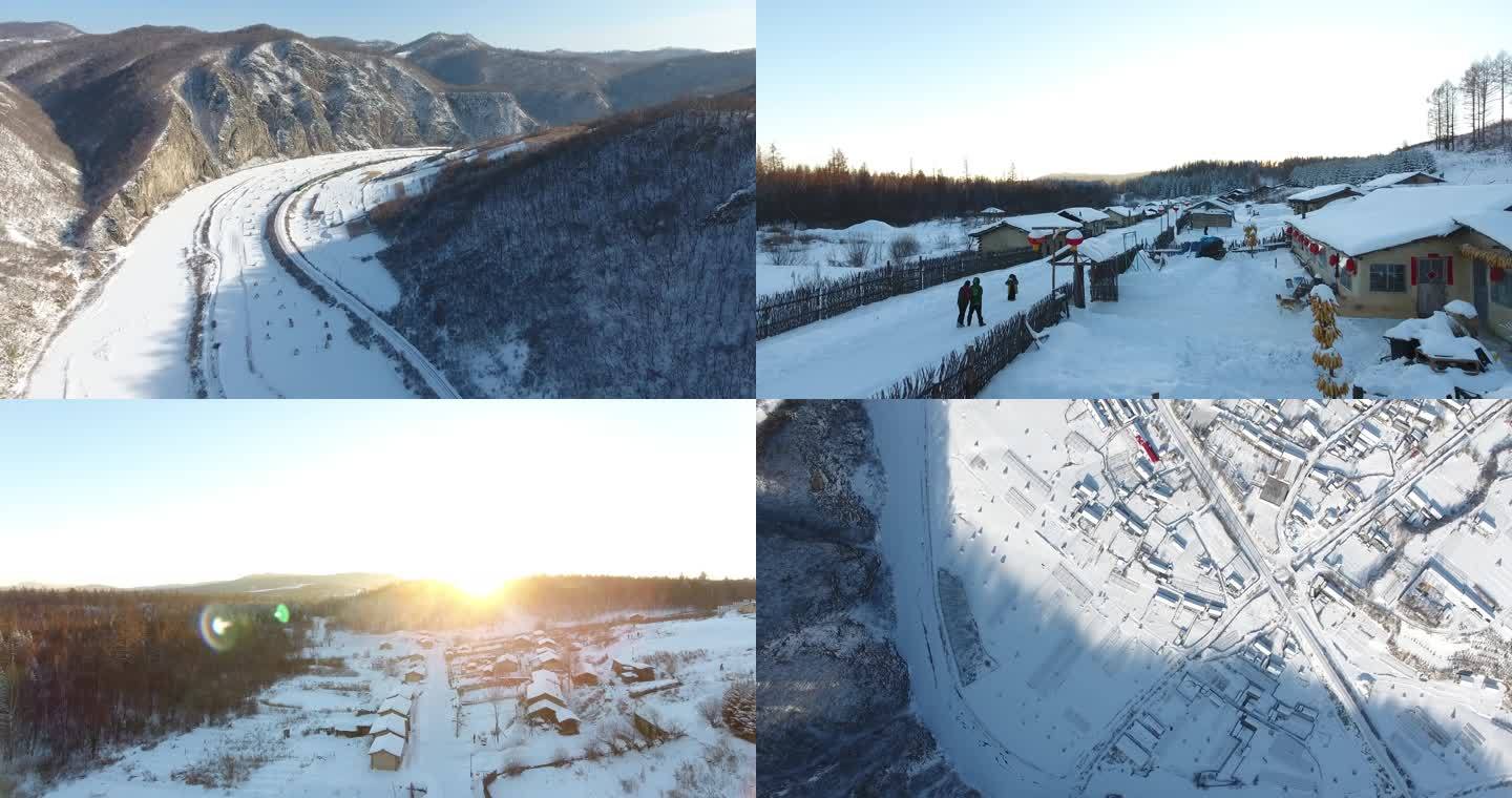 东北农村旅游 绿皮火车 农村雪景