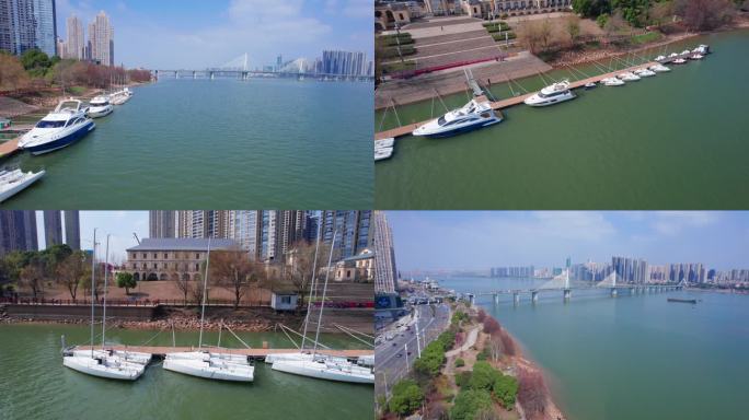 5.4K长沙湘江两岸游艇停泊码头航拍空镜
